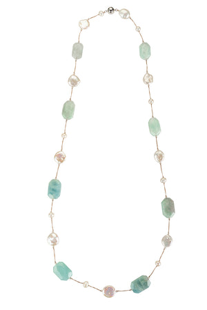 Aquamarine and coin pearl necklace on stainless