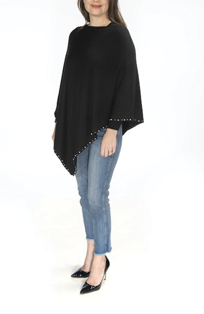 Ultra-soft black pearl-trimmed poncho