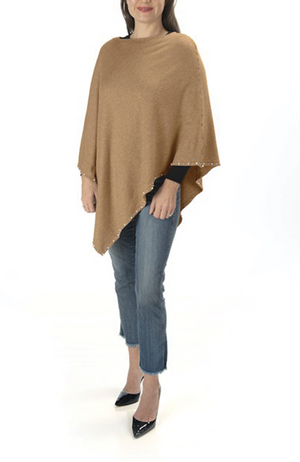 Ultra-soft camel pearl-trimmed poncho