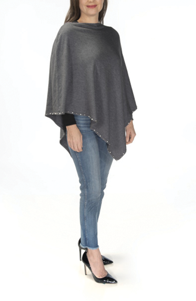 Ultra-soft charcoal pearl-trimmed poncho