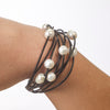 Nine-strand leather and pearl bracelet