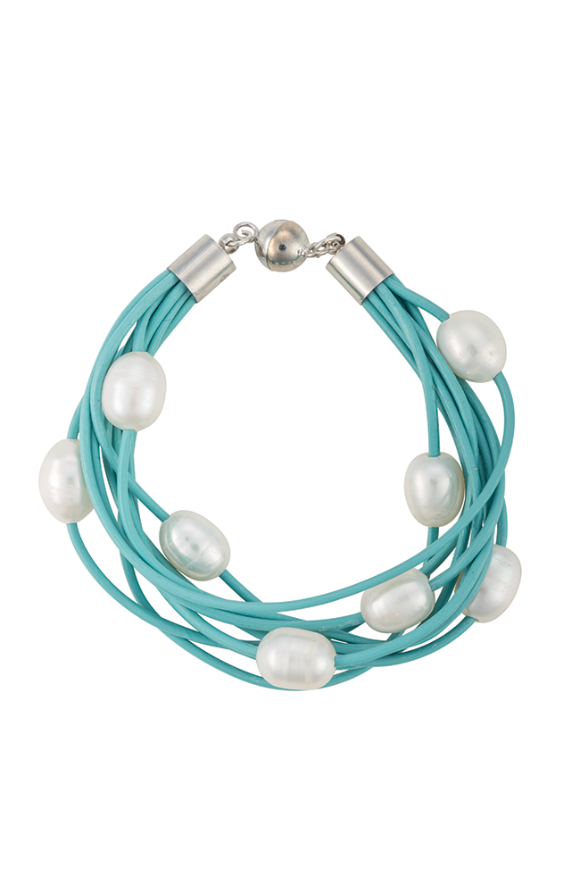 Nine-strand leather and pearl bracelet