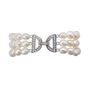Three-strand pearl and CZ bracelet