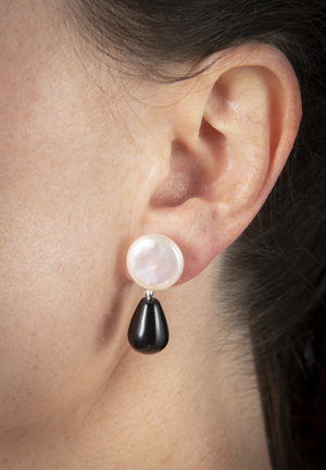 Black onyx and white coin pearl earrings