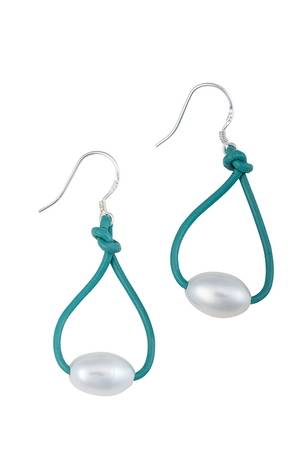 Leather hanging pearl hoop earrings