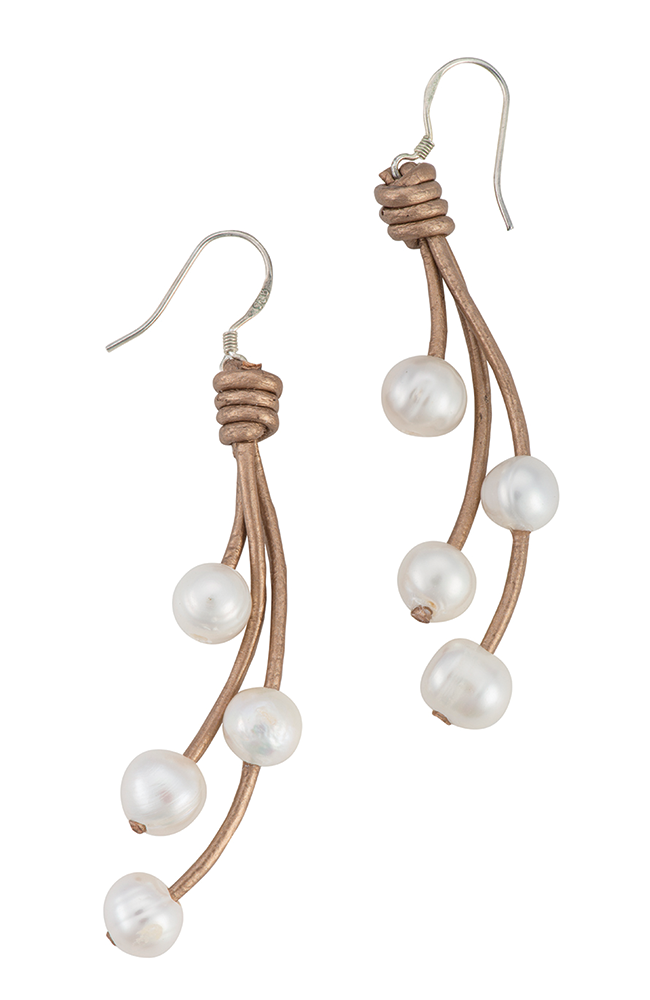 Hanging pearl and leather strand earrings