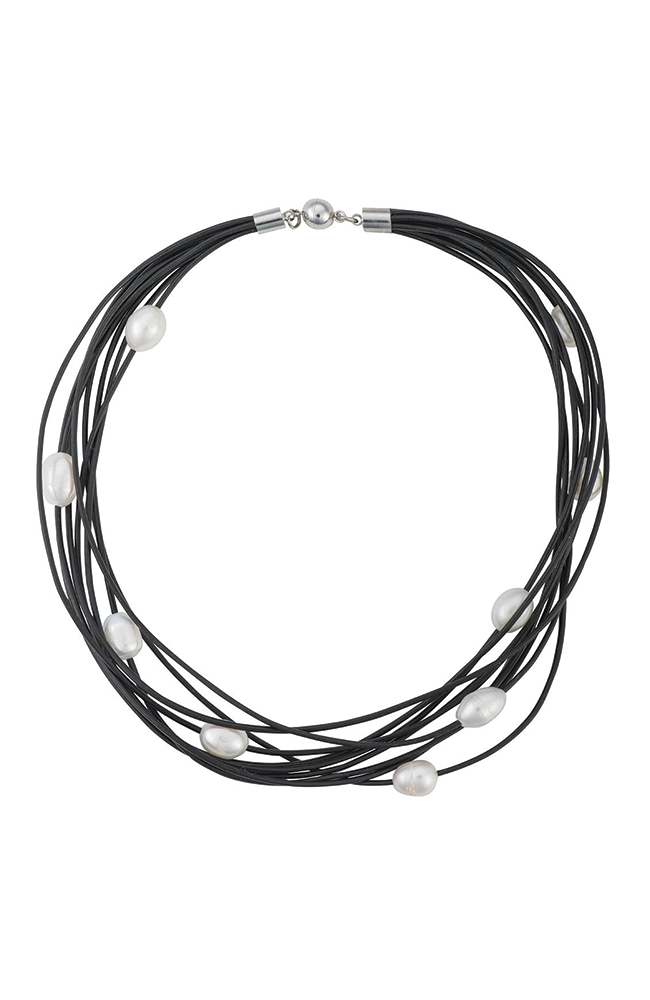 Leather and large pearl multi-strand necklace