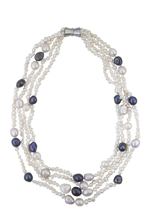 Four-strand white pearl necklace with black accents