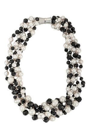 Five-strand jet bead and white pearl necklace