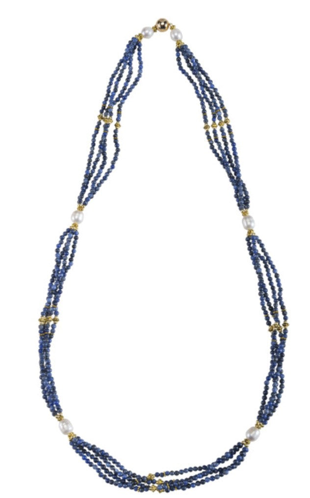 36” 4 strand Frosted Sodalite and Freshwater Pearls