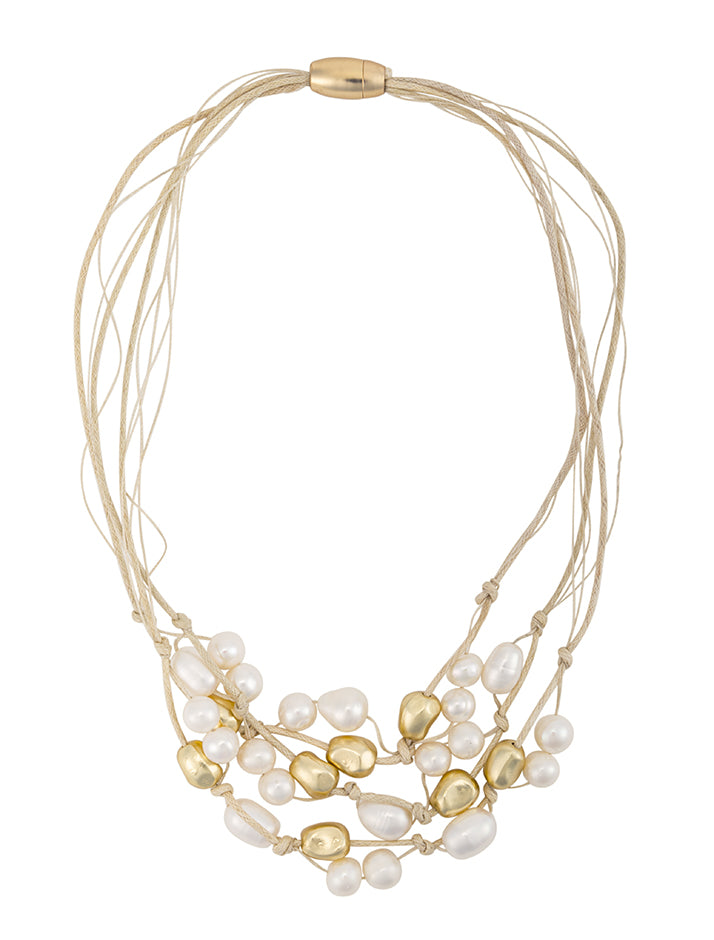 Multi-Strand Cotton and Freshwater Pearl Statement Necklaceo