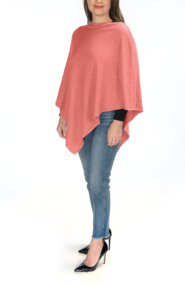 Ultra-soft coral pearl-trimmed poncho
