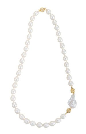 19" Single Strand Baroque Pearl Necklace with Gold Beads and Large Biwa Pearl Accent