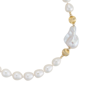 19" Single Strand Baroque Pearl Necklace with Gold Beads and Large Biwa Pearl Accent