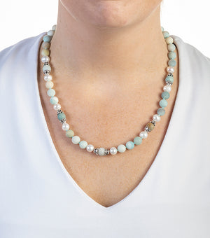 Amazonite, pearl, and silver necklace