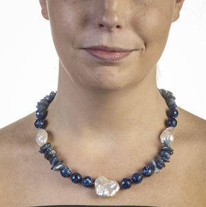 Kyanite and triple biwa pearl necklace