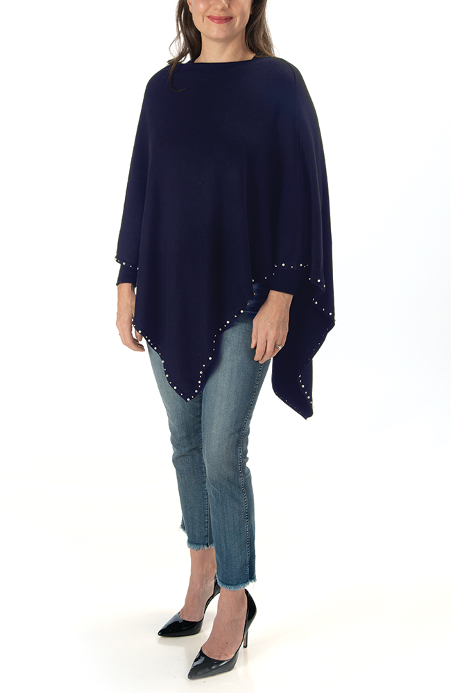 Ultra-soft navy pearl-trimmed poncho