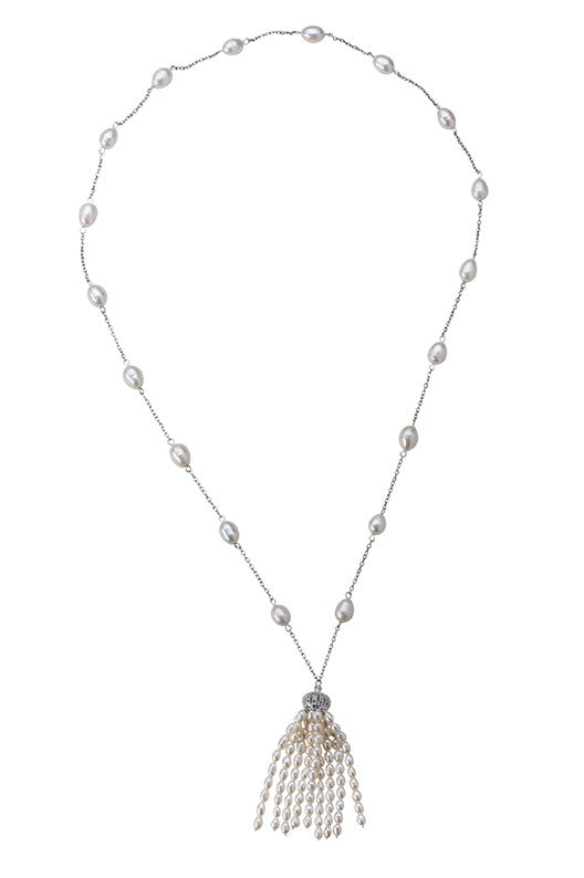 Freshwater Pearl Necklace with Hanging Pearl Tassel on Stainless