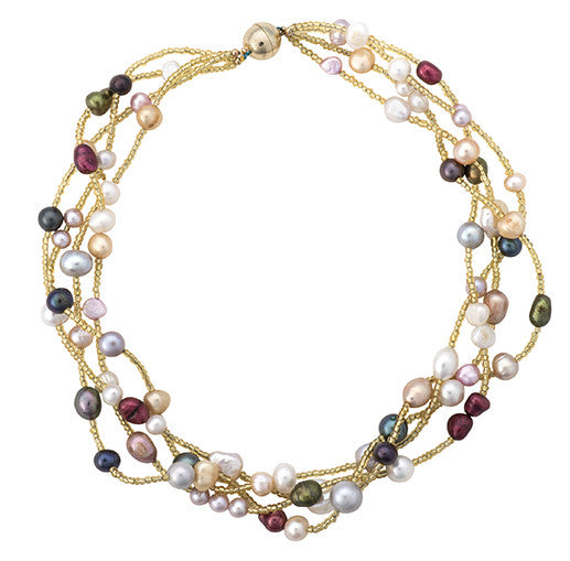 Multicolored pearl and gold bead necklace