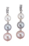 An image of pink, gray, and white three pearl earrings, with crystal accents.
