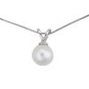 A close-up of a single white freshwater cultured pearl on a .925 sterling silver setting and chain