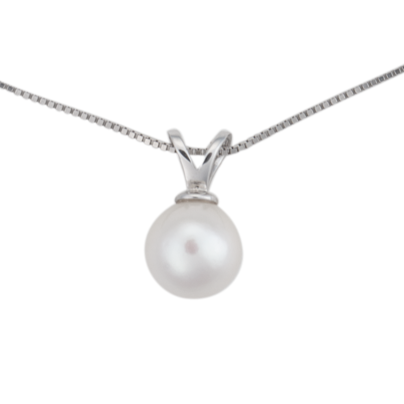 A close-up of a single white freshwater cultured pearl on a .925 sterling silver setting and chain