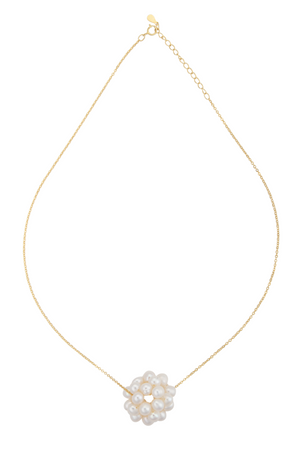 An image of a white snowball pearl cluster necklace on a gold chain