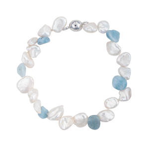 An image of an aquamarine and keshi pearl bracelet with magnetic clasp