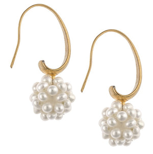 An image of white snowball cluster pearl earrings on 14k gold plating